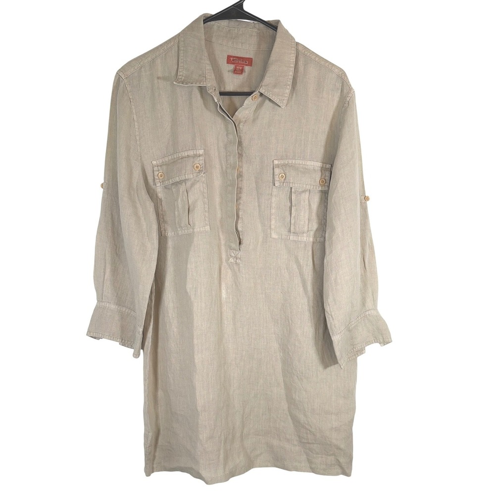 Tommy Bahama Relax Y2K Women Coastal Linen Tunic Shirt Dress Roll Tab Sleeve M